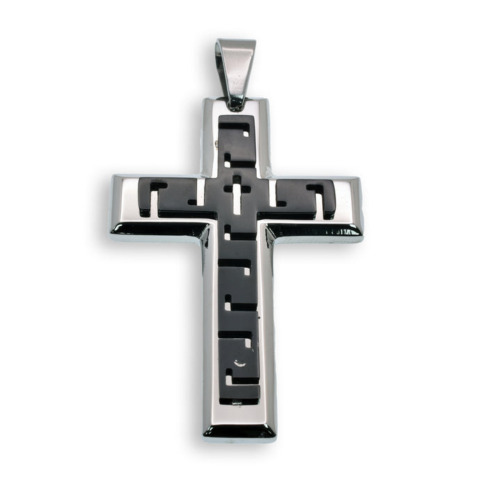 Black & Rhodium Plated Stainless Steel Greek Key Cross Pendant - SSP00149