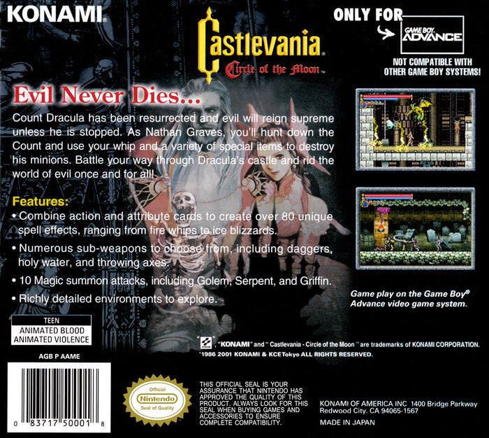 Castlevania: Circle of the Moon Game Boy Advance - Video Game - Used - CaveGamers - Image 2