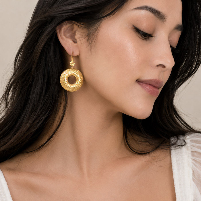 Silver 925 Gold Plated Textured Open Circle Earrings - SPE00039 | Silver Palace Inc.