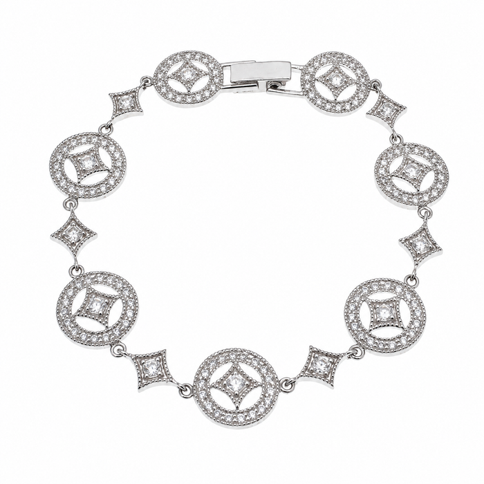 Clearance - Rhodium Plated 925 Silver Elegant Diamond and Circle CZ Bracelet- STB00265
