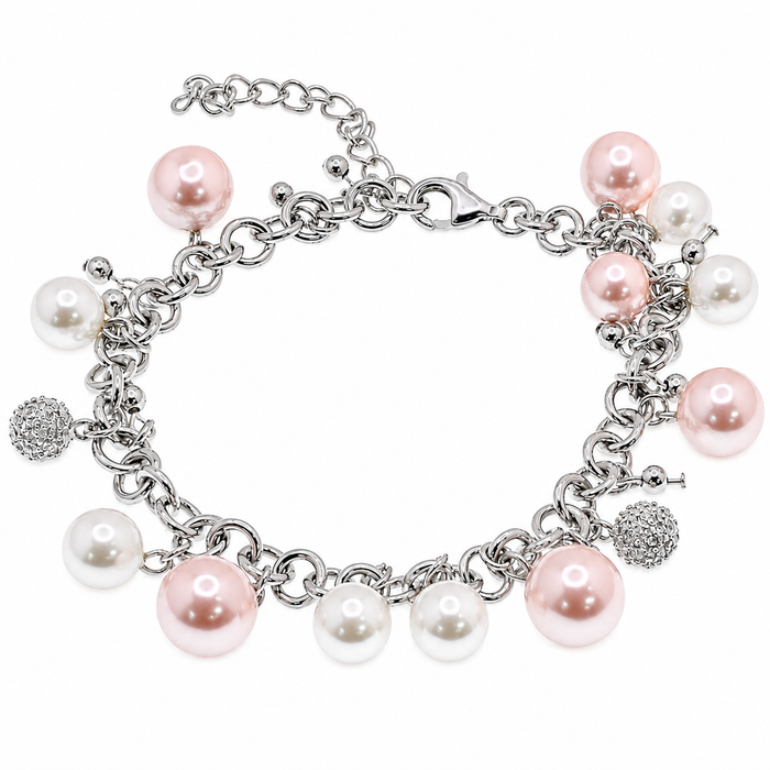 Clearance - Rhodium Plated 925 Silver White & Pink Multi Pearl & CZ Charm Bracelet- SPB00043