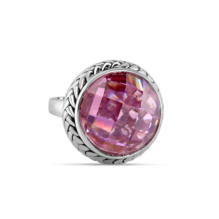 Clearance - Rhodium Plated 925 Sterling Silver Dome Style Light Amethyst Pink Ring - STR00246