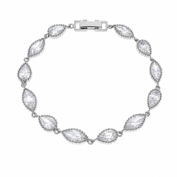 Clearance - Rhodium Plated 925 Sterling Silver  Ornate Marquise & Tear Drop CZ Tennis Bracelet - STB00277