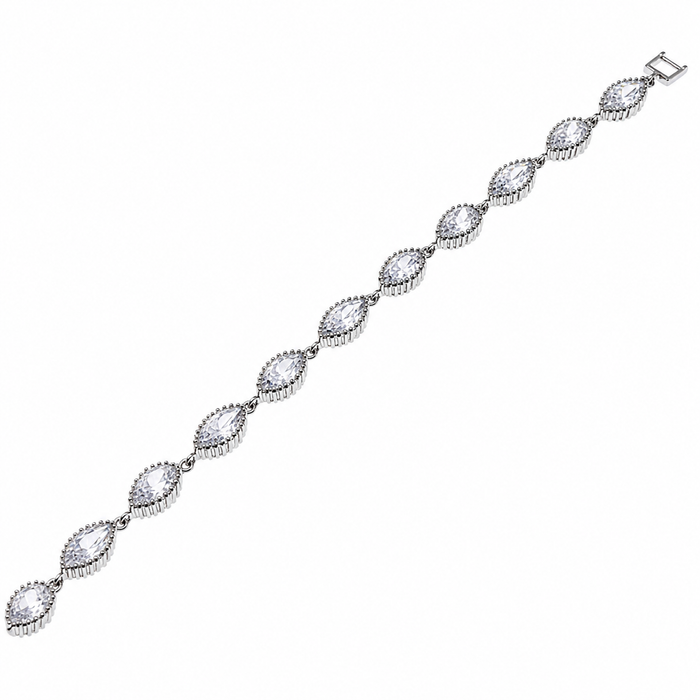 Clearance - Rhodium Plated 925 Sterling Silver  Ornate Marquise & Tear Drop CZ Tennis Bracelet - STB00277