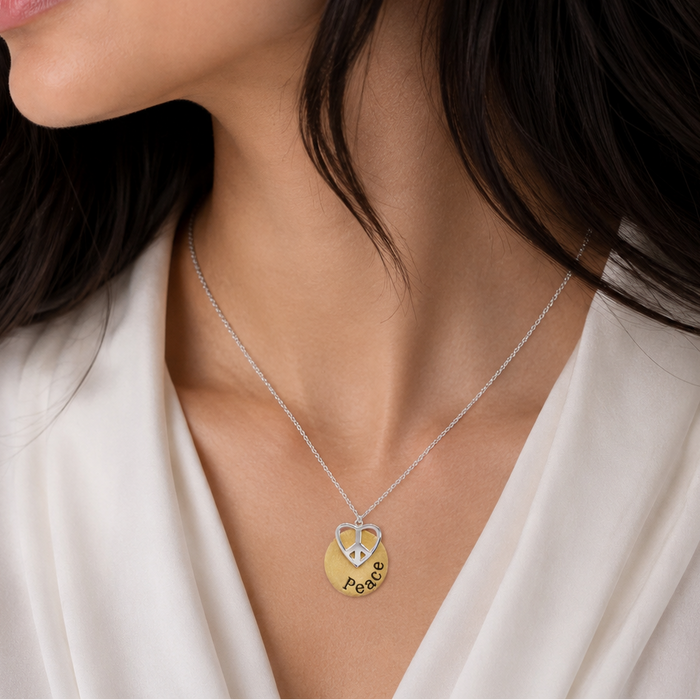 Clearance - Two-Tone 925 Sterling Silver Peace Heart & Oval Disc Pendant Necklace - STP00870