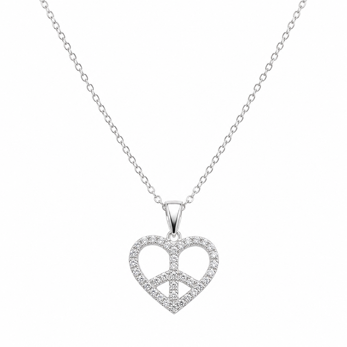 Clearance- Rhodium Plated 925 Silver Heart Peace Sign CZ Pendant Necklace - STP00896
