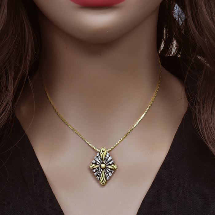 Clearance- Sterling Silver Two-Tone 925 Diamond-Shaped Pendant with Cross Design - SPP00059