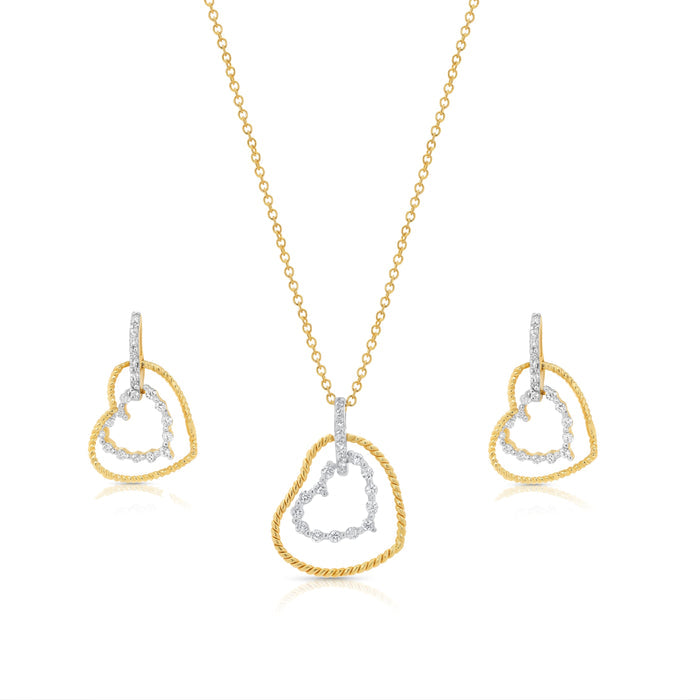 Silver 925 Gold Plated Double Heart Dangle CZ Sets - STS00138 | Silver Palace Inc.