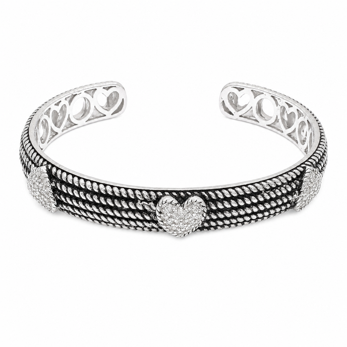 Clearance-Rhodium Plated 925 Silver Oxidized Textured CZ Heart Cuff Bangle Bracelet - STB00214