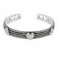 Clearance-Rhodium Plated 925 Silver Oxidized Textured CZ Heart Cuff Bangle Bracelet - STB00214