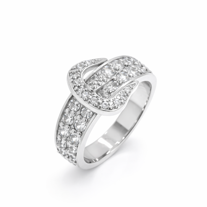 Clearance - Rhodium Plated 925 Sterling Silver Clear CZ Belt Ring - SPR00012