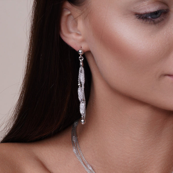 Rhodium Plated 925 Sterling Silver CZ Filled Mesh Beaded Italian Earrings - ITE00015 | Silver Palace Inc.