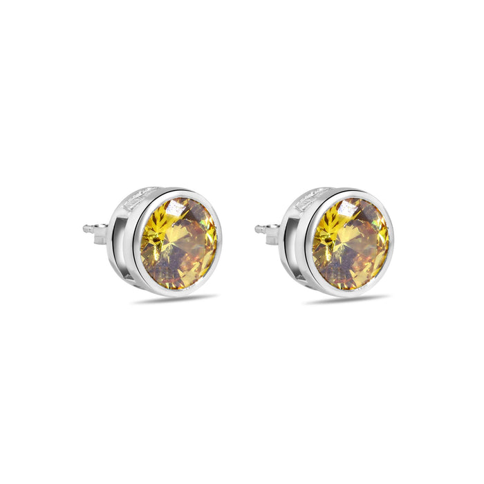 Clearance-Rhodium Plated 925 Sterling Silver Round Yellow Citrine CZ Earrings - STEM133