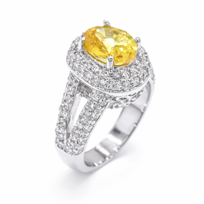 Clearance - Rhodium Plated 925 Sterling Silver Yellow CZ Cocktail Ring - STR00100