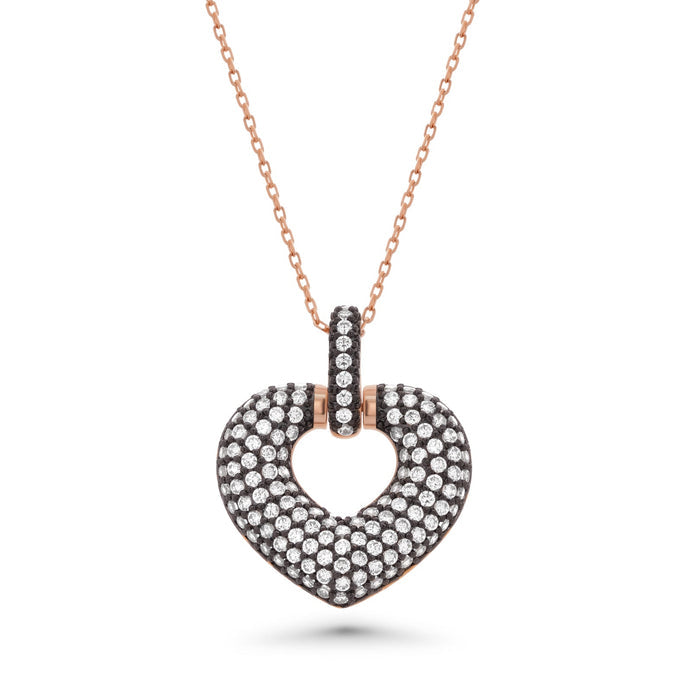 Clearance-Rose Gold Plated 925 Sterling Silver Black CZ Chunky Heart Pendant Necklace- BGP00637