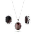 Clearance-Silver 925 Rhodium Plated Black Oval MOP CZ Stud Earring and Necklace Set - STS00368