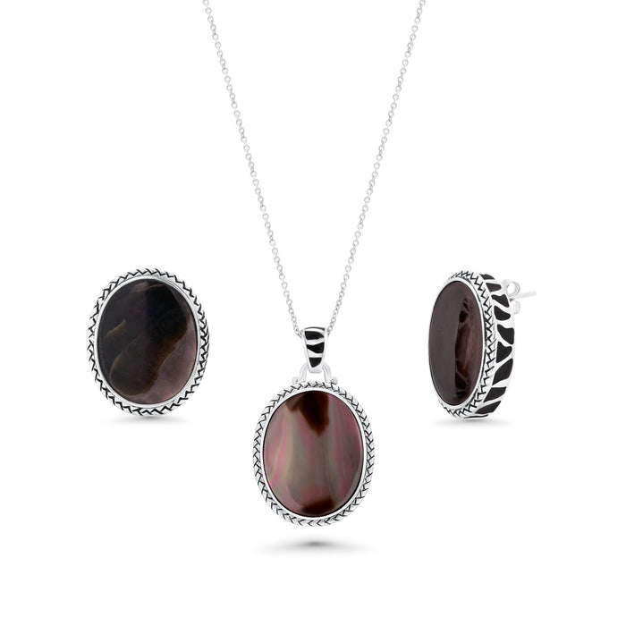 Clearance-Silver 925 Rhodium Plated Black Oval MOP CZ Stud Earring and Necklace Set - STS00368
