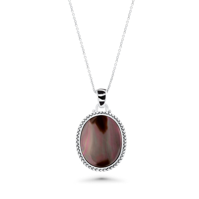Clearance-Silver 925 Rhodium Plated Black Oval MOP CZ Stud Earring and Necklace Set - STS00368