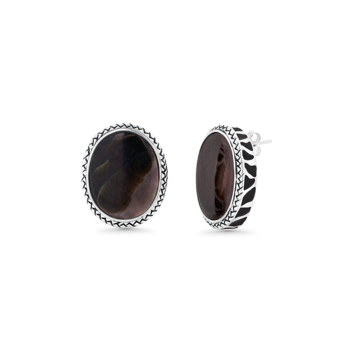 Clearance-Silver 925 Rhodium Plated Black Oval MOP CZ Stud Earring and Necklace Set - STS00368