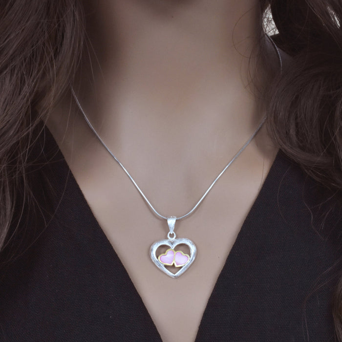 Clearance-Sterling Silver 2 Tone Pink Mother of Pearl Triple Heart Pendant - SPP00044