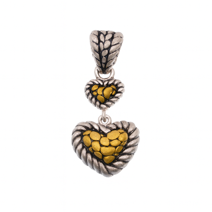 Clearance-Sterling Silver Matte Finish 2 Toned Dangling 2 Hearts Pendant - SPP00025