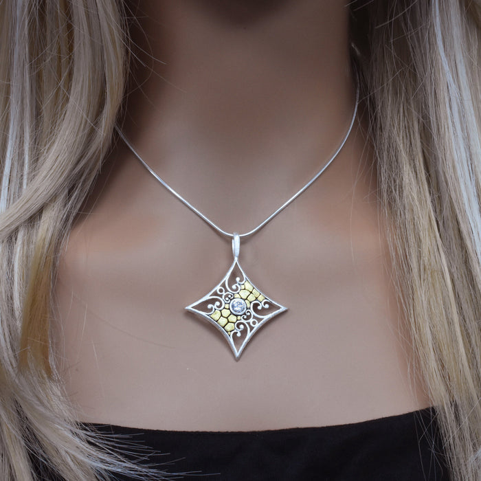Clearance-Sterling Silver Matte Finish 2 Toned Diamond Shaped W/CZ Center Pendant - SPP00026