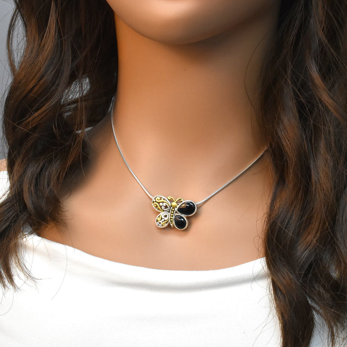 Clearance-Sterling Silver Matte Finish Filigree style BLK Onyx Butterfly Pendant  - SPP00005BLK
