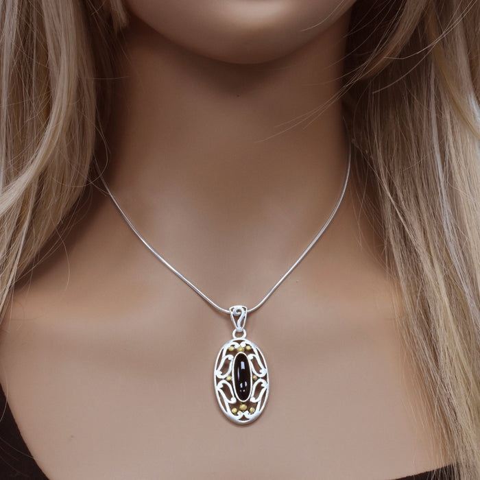 Clearance-Sterling Silver Two Tone And Onyx Oval Pendant - SPP00053