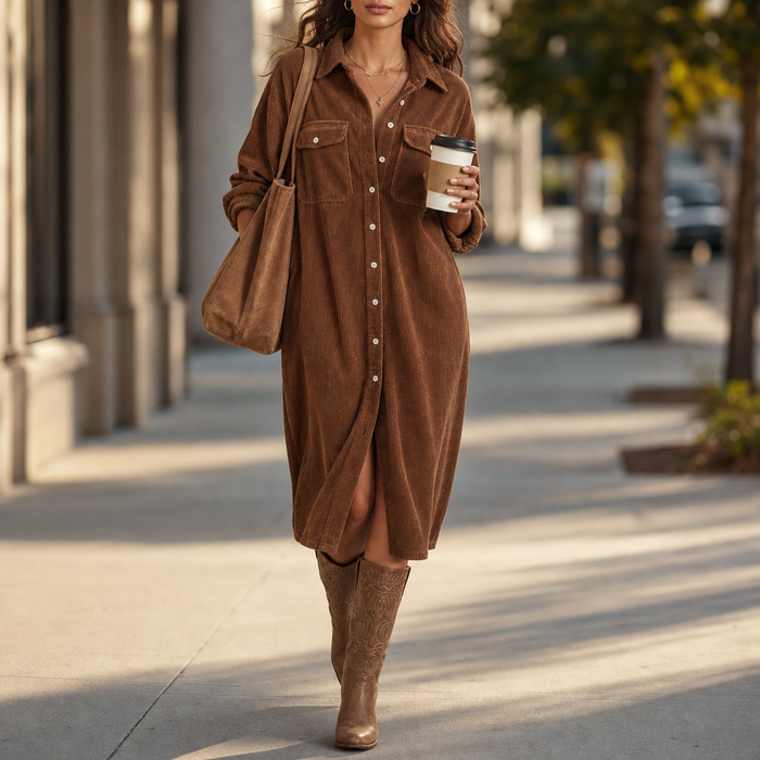 Corvella – Ribbed Corduroy Button-Front Shirt Dress
