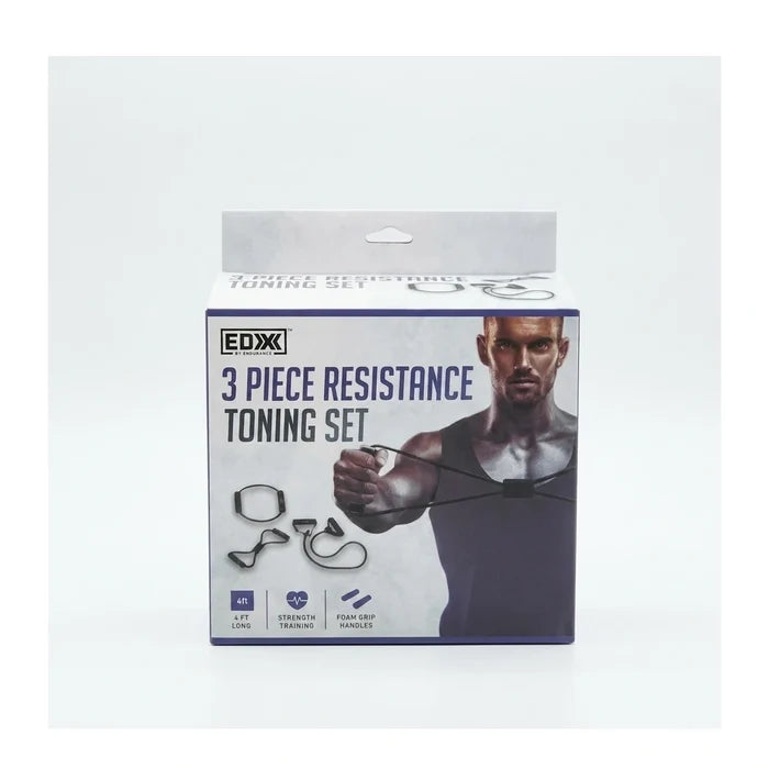 Enhanced Enhanced EDX 3 Piece Resistance Toning Set packaging showing band pieces and model using a resistance band
