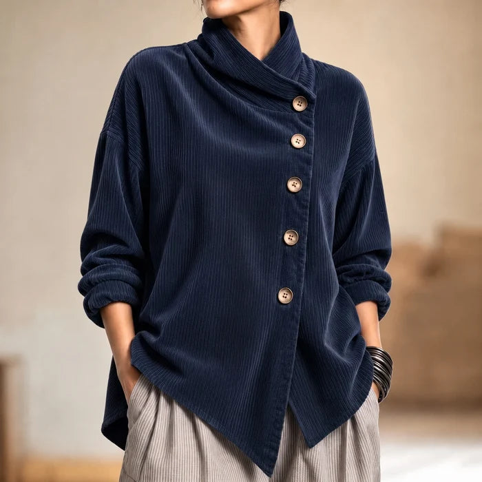 Everlayer – Draped Neck Asymmetrical Button-Front Top