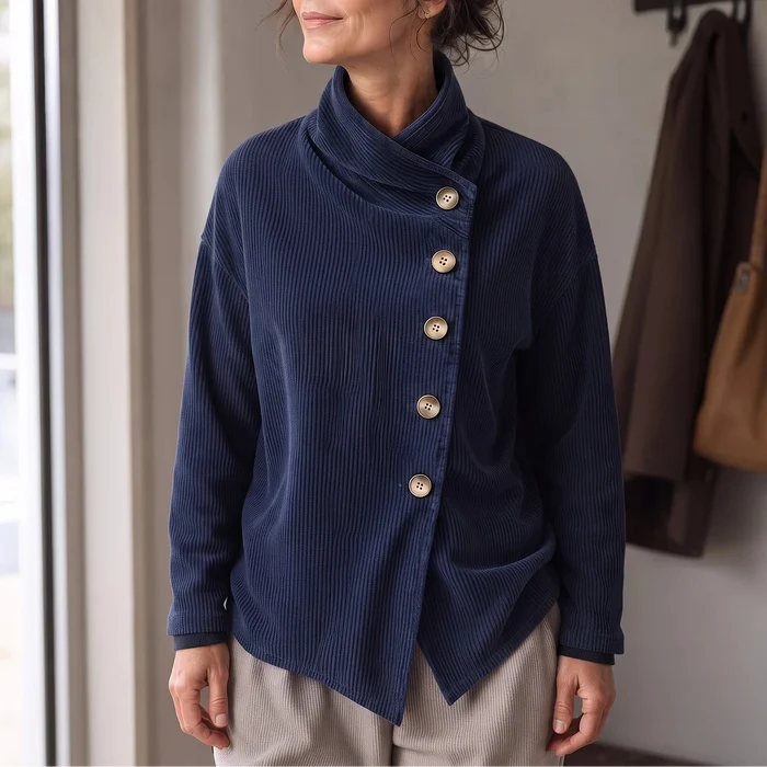 Everlayer – Draped Neck Asymmetrical Button-Front Top