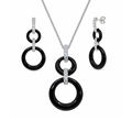 Final Price- Rhodium Plated 925 Sterling Silver Black Onyx Circle & CZ Necklace and Earring Set- STS00018