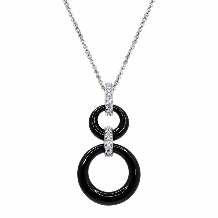 Final Price- Rhodium Plated 925 Sterling Silver Black Onyx Circle & CZ Necklace and Earring Set- STS00018
