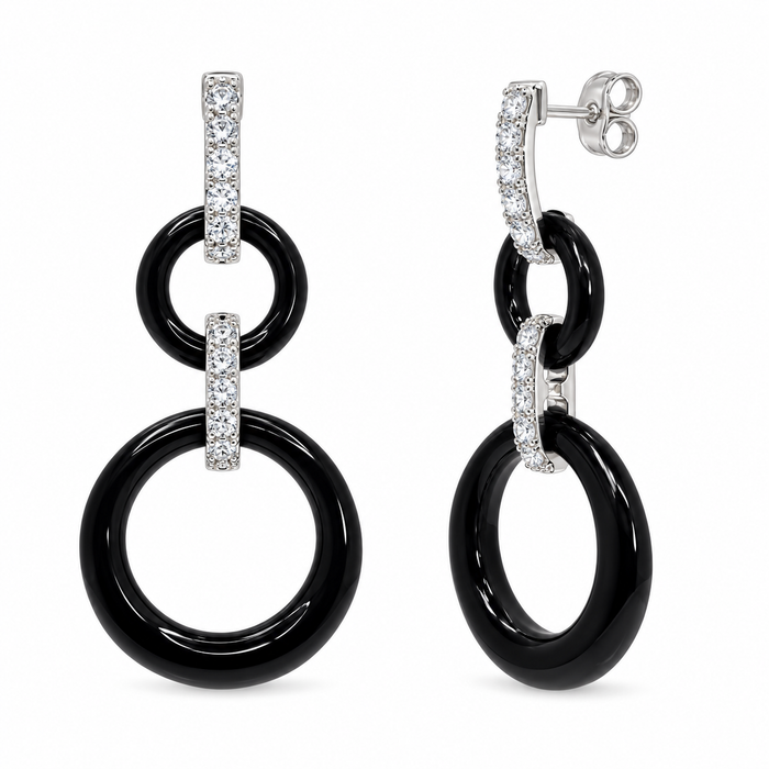 Final Price- Rhodium Plated 925 Sterling Silver Black Onyx Circle & CZ Necklace and Earring Set- STS00018