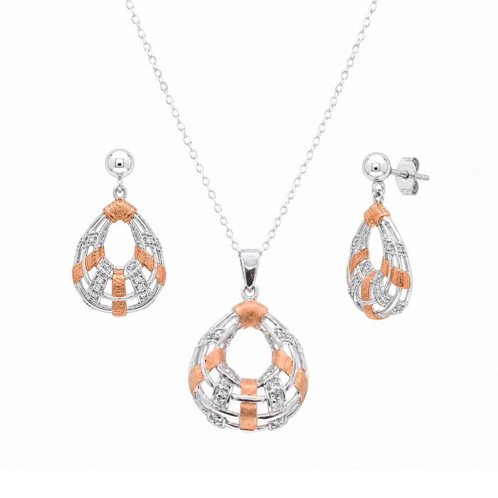 Final Price-Two Tone Plated 925 Sterling Silver Accented CZ Teardrop Pendant & Earring Jewelry Set- STS00201