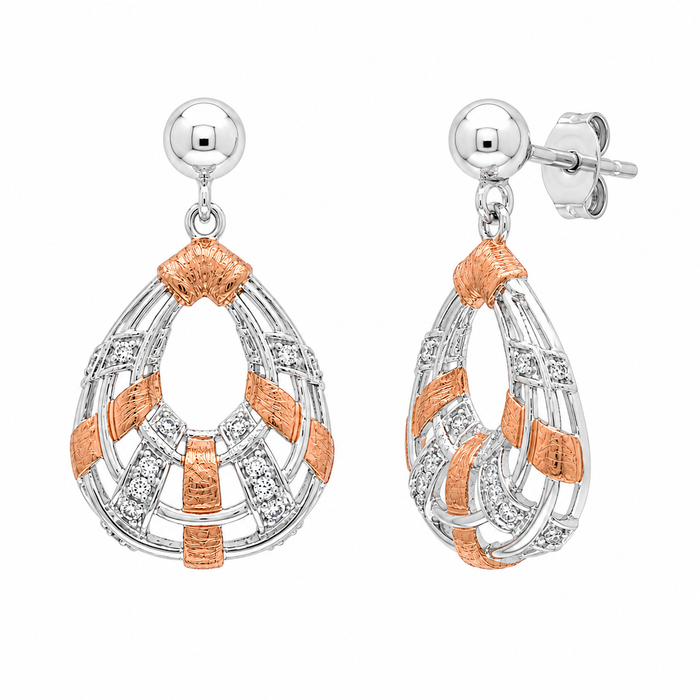 Final Price-Two Tone Plated 925 Sterling Silver Accented CZ Teardrop Pendant & Earring Jewelry Set- STS00201