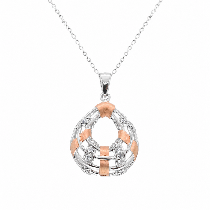 Final Price-Two Tone Plated 925 Sterling Silver Accented CZ Teardrop Pendant & Earring Jewelry Set- STS00201