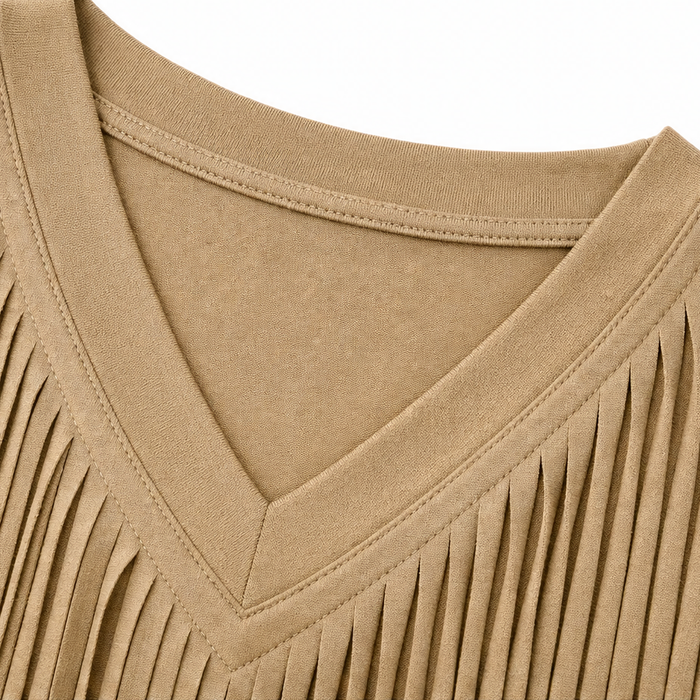 Fringe-Detail V-Neck Long Sleeve Top