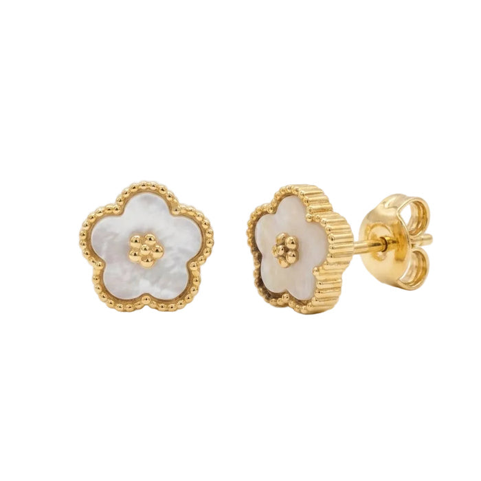 Gold Plated 925 Sterling Diamond Cut Mother of Pearl Floral Halo Stud Earrings - TGE00037GP