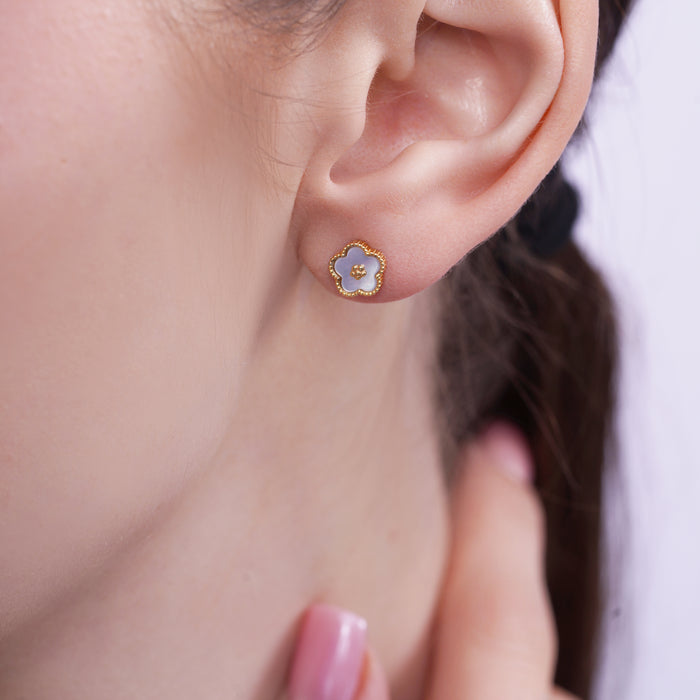 Gold Plated 925 Sterling Diamond Cut Mother of Pearl Floral Halo Stud Earrings - TGE00037GP