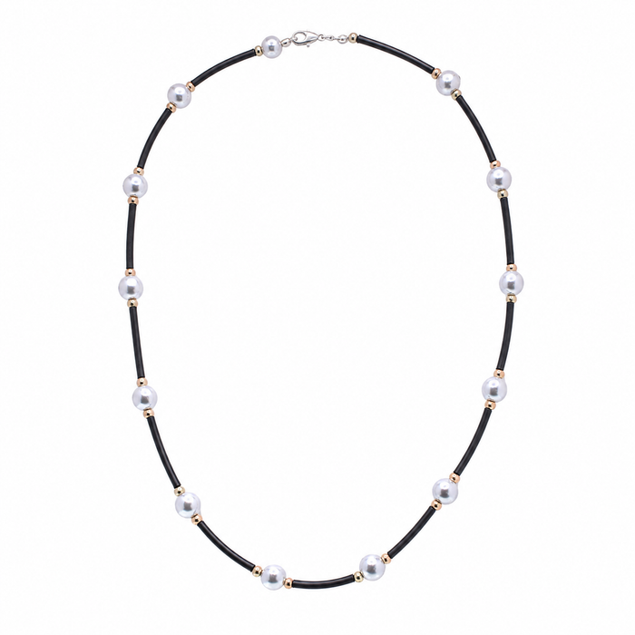 Gold Plated 925 Sterling Silver Grey Pearl & Black Rubber Spacer Necklace - SPN00044 | Silver Palace Inc.