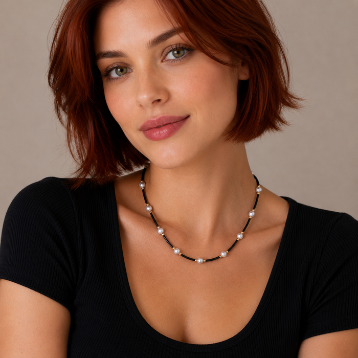 Gold Plated 925 Sterling Silver Grey Pearl & Black Rubber Spacer Necklace - SPN00044 | Silver Palace Inc.