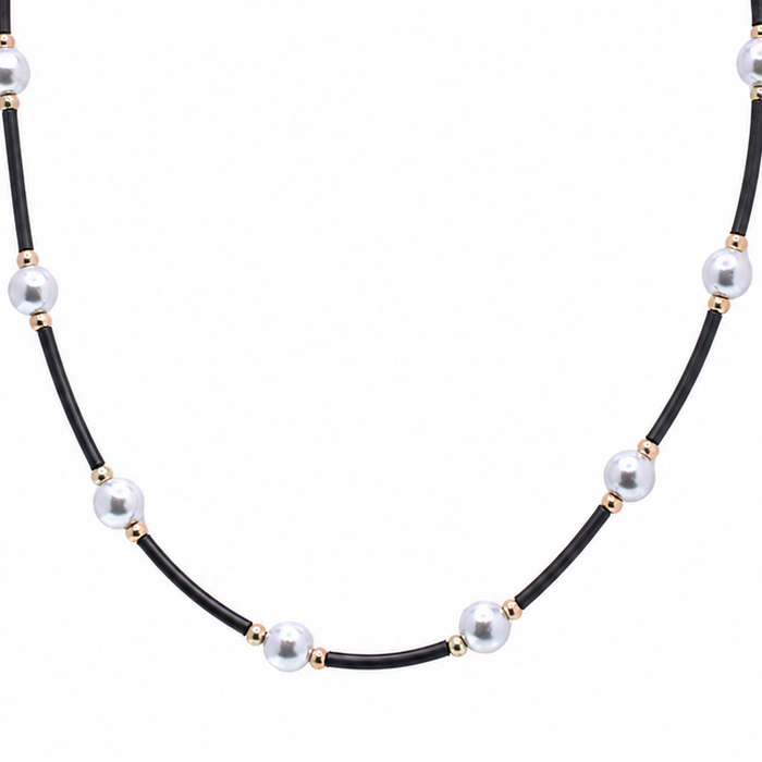 Gold Plated 925 Sterling Silver Grey Pearl & Black Rubber Spacer Necklace - SPN00044 | Silver Palace Inc.