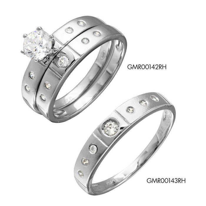 Half Matte Finish Rhodium Plated 925 Sterling Silver  CZ Trio Bridal Ring - GMR00142
