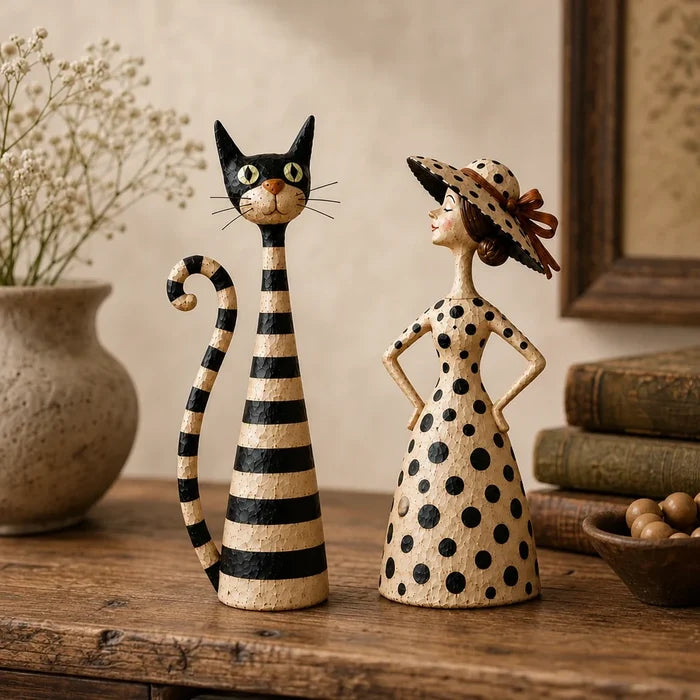 Heirloom Whiskers – Distressed Cat And Lady Figurine Set