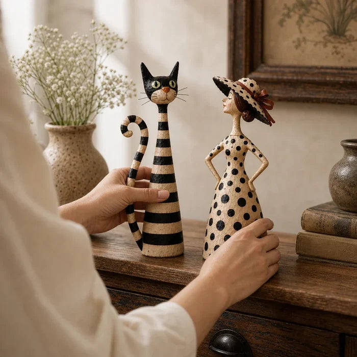 Heirloom Whiskers – Distressed Cat And Lady Figurine Set