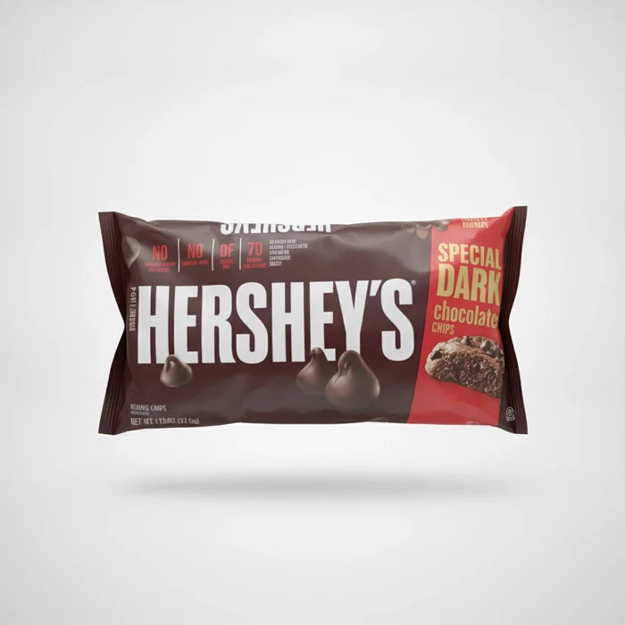 A polished e-commerce product photo of a 12oz bag of Hershey's Special Dark Chocolate Baking Chips, centered on a clean white studio background with soft lighting and shadow.