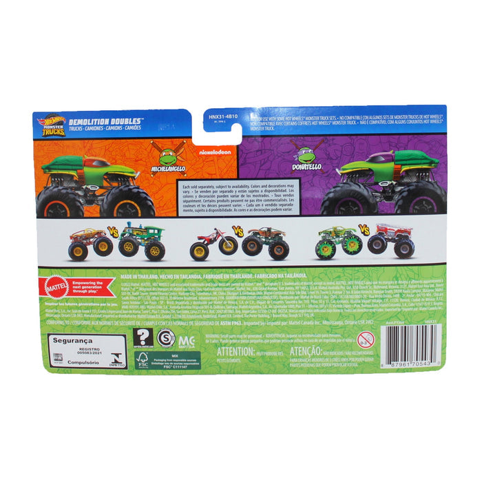 Hot Wheels Monster Trucks 1:64 Scale Demolition Doubles, Michelangelo vs Donatello