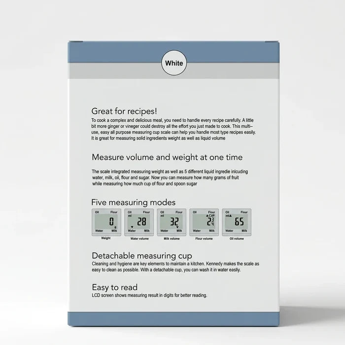 Enhanced Back of Kennedy Measuring Cup Scale box with features and instructions